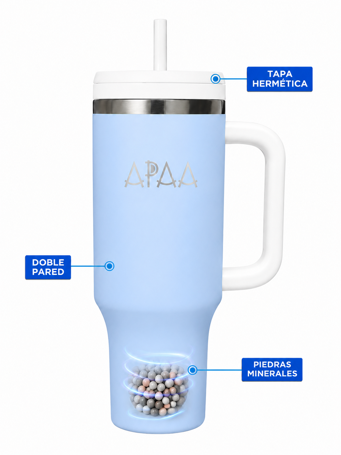 Termo de Acero Inoxidable 1.2 L con Piedras Minerales para Agua Alcalina, Doble Pared al Vacío, Mantiene Frío 12 H y Hielo 48 H, Tapa con Popote, Asa y Base para Portavasos, Libre de BPA