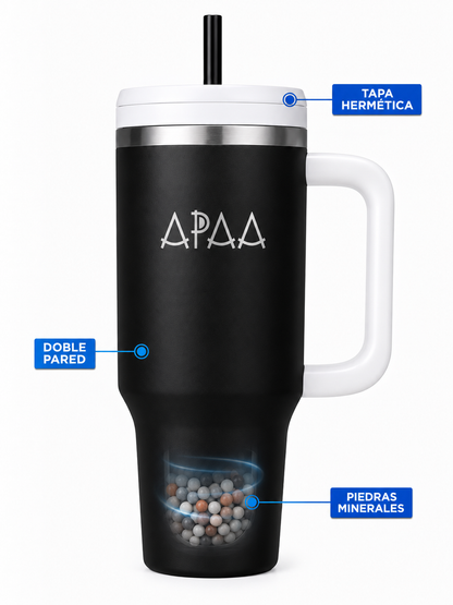 Termo de Acero Inoxidable 1.2 L con Piedras Minerales para Agua Alcalina, Doble Pared al Vacío, Mantiene Frío 12 H y Hielo 48 H, Tapa con Popote, Asa y Base para Portavasos, Libre de BPA