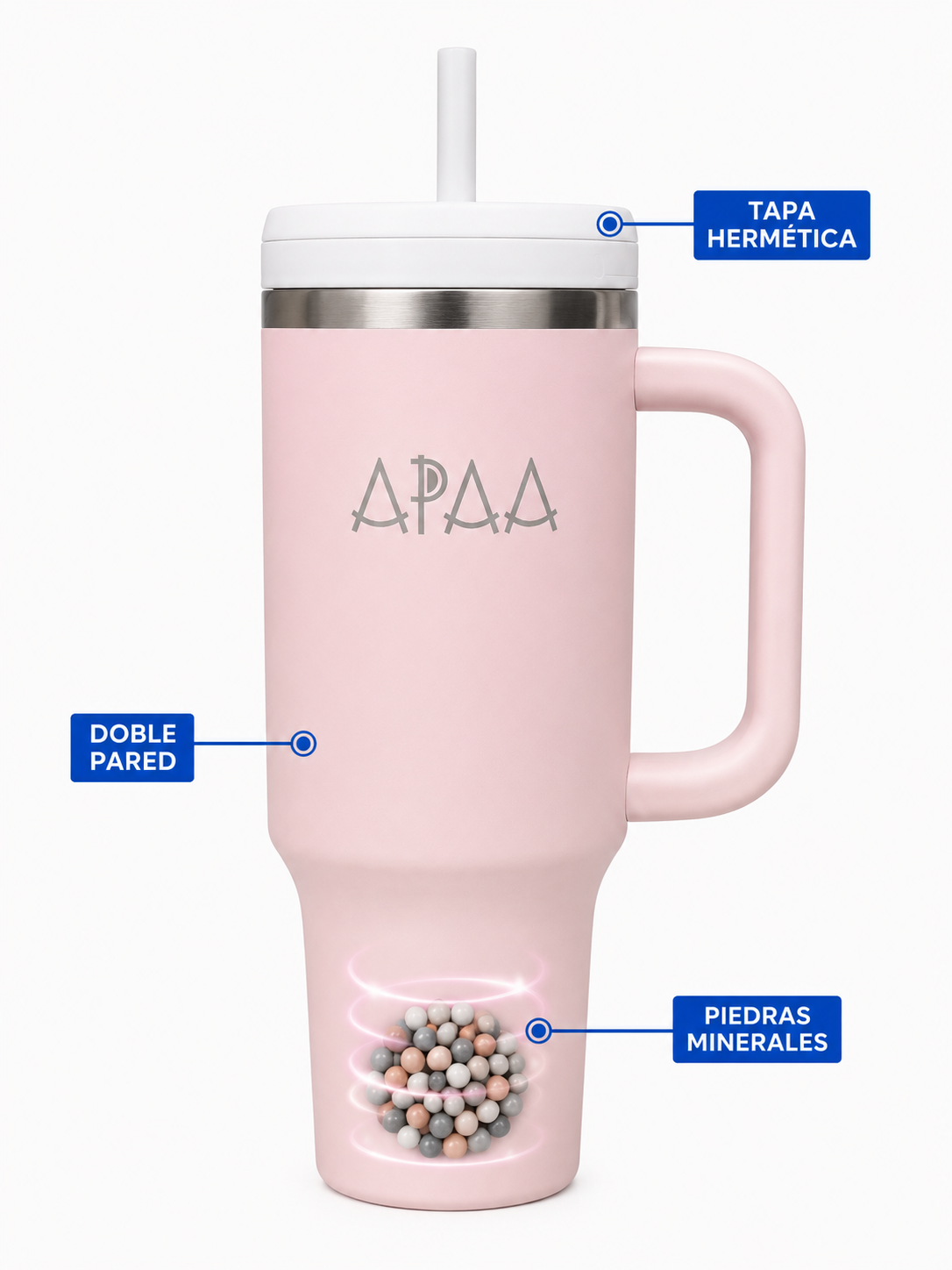 Termo de Acero Inoxidable 1.2 L con Piedras Minerales para Agua Alcalina, Doble Pared al Vacío, Mantiene Frío 12 H y Hielo 48 H, Tapa con Popote, Asa y Base para Portavasos, Libre de BPA
