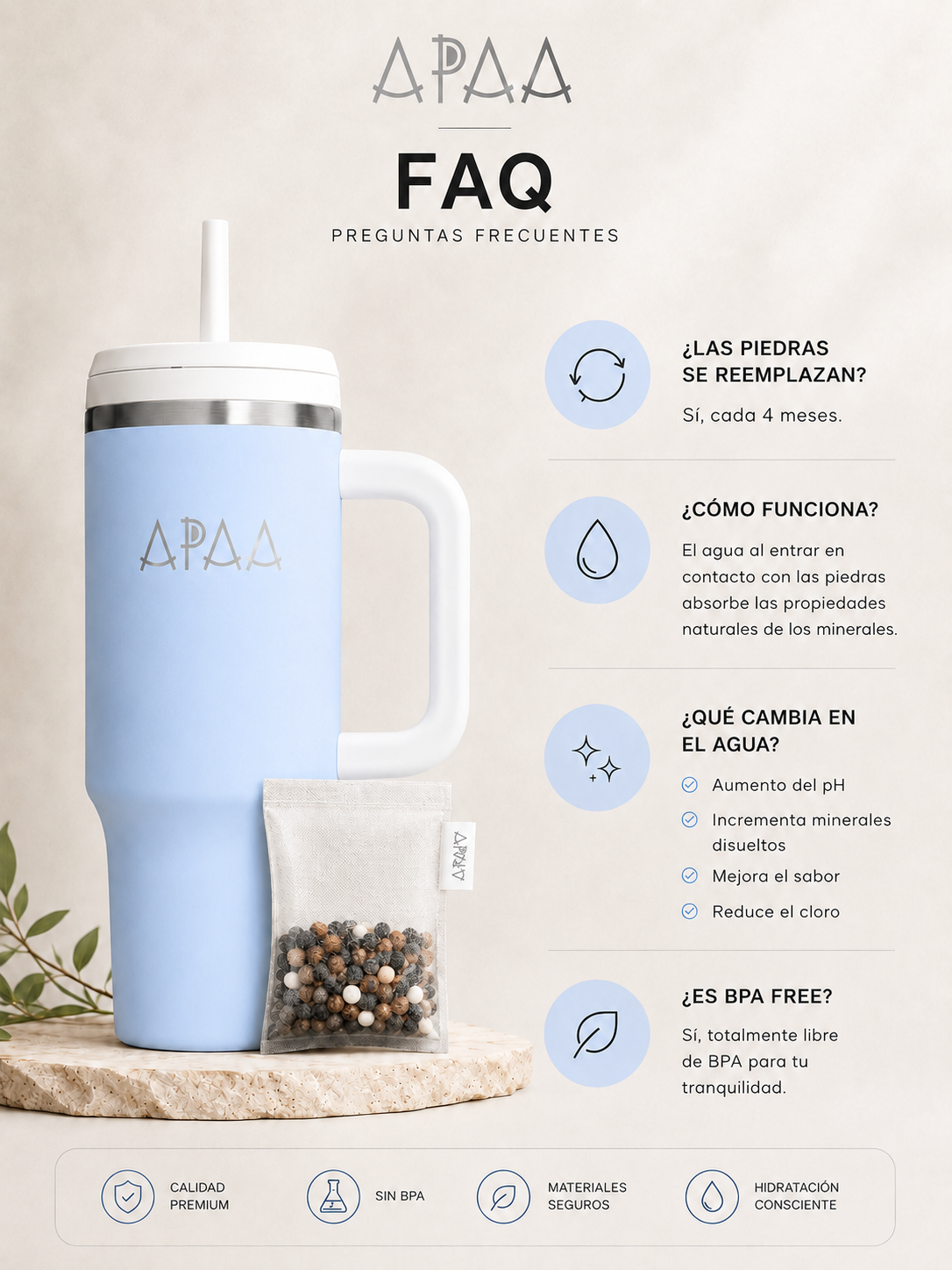Termo de Acero Inoxidable 1.2 L con Piedras Minerales para Agua Alcalina, Doble Pared al Vacío, Mantiene Frío 12 H y Hielo 48 H, Tapa con Popote, Asa y Base para Portavasos, Libre de BPA