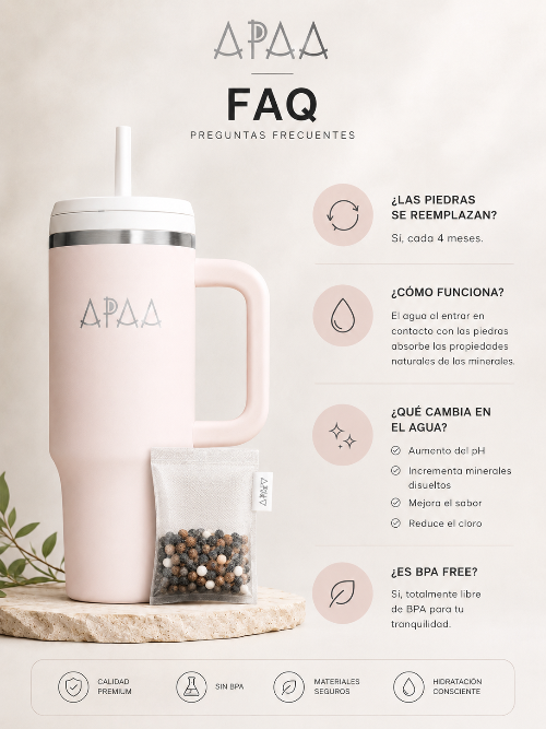 Termo de Acero Inoxidable 1.2 L con Piedras Minerales para Agua Alcalina, Doble Pared al Vacío, Mantiene Frío 12 H y Hielo 48 H, Tapa con Popote, Asa y Base para Portavasos, Libre de BPA